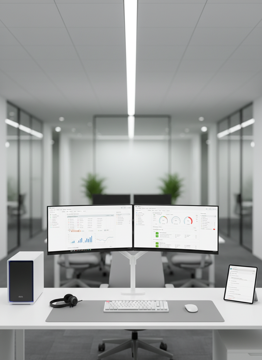 A polished white helpdesk workstation with dual ultra-wide monitors displaying a clean, dashboard-style interface of support tickets, system health indicators, and network alerts. A compact, high-quality desktop PC with subtle accent lighting sits beside a neatly coiled headset, ergonomic keyboard, and wireless mouse. On the far edge of the desk lies a slim tablet showing an email inbox, symbolizing accessible support channels. The background is a blurred, modern open office with glass partitions and soft grey tones. Neutral, cool-white overhead lighting creates an evenly lit, crisp environment. Shot straight-on at desk height, the composition is balanced and uncluttered. The mood is reassuring, efficient, and dependable, highlighting responsive IT support services in a highly realistic photographic style.