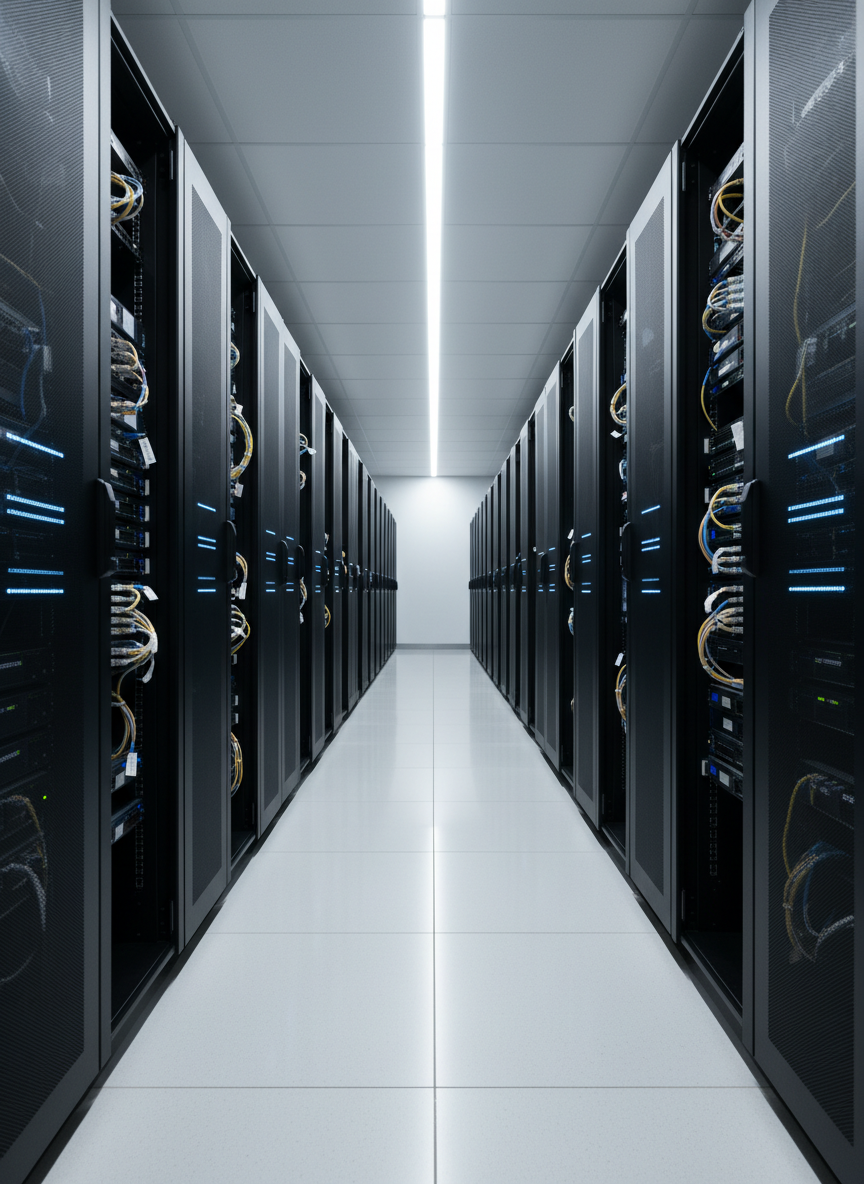 A sleek, ultra-modern server room featuring tall, matte-black server racks with subtle blue and white LED indicators glowing in precise rows. Network switches, neatly bundled fiber cables, and labeled hardware components convey meticulous IT system administration. The floor is a reflective raised white tile, and the ceiling has recessed linear lights casting cool, even illumination that creates gentle reflections on metal surfaces. Shot at eye level with a wide-angle lens, the composition leads the eye down a central aisle into a softly blurred background. The mood is professional, controlled, and dependable, with photographic realism and a clean, corporate aesthetic that communicates robust, well-managed IT infrastructure for modern businesses.