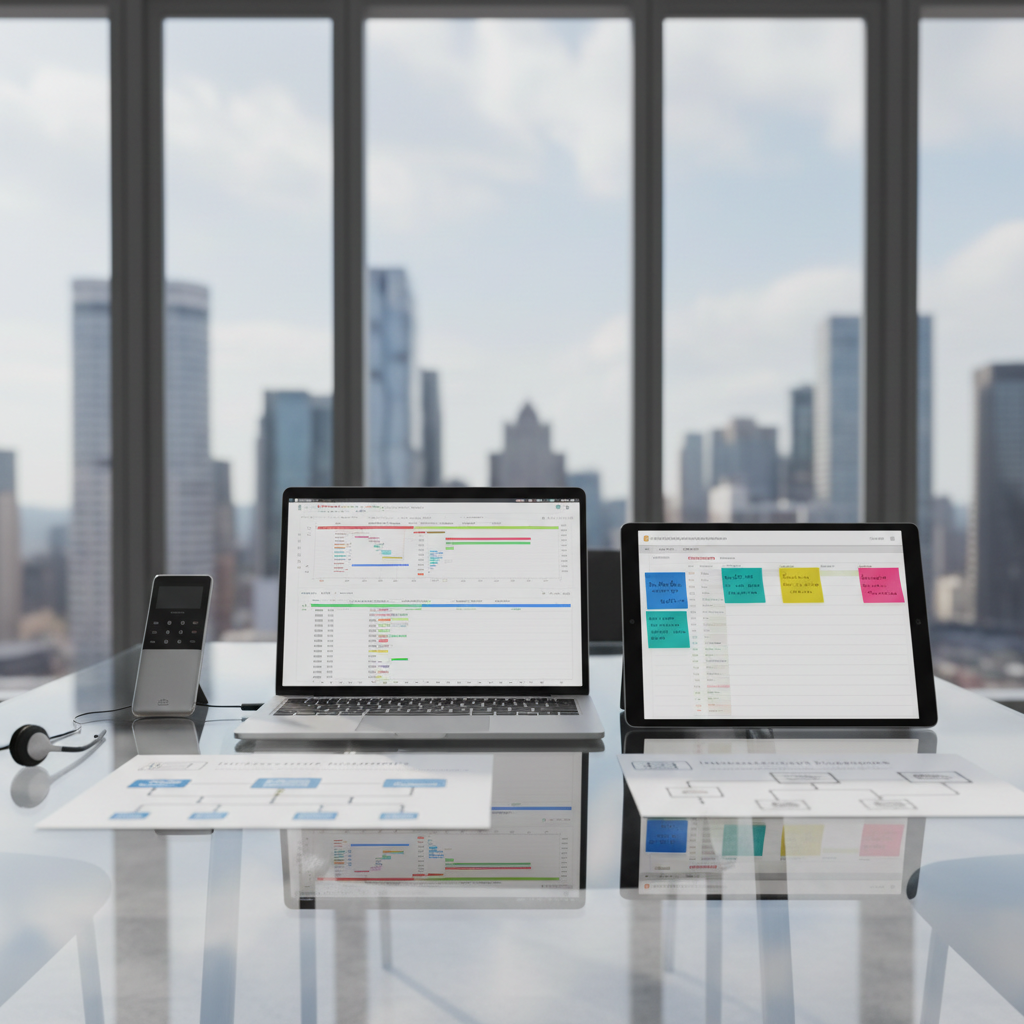 A minimalist, glass-topped conference table covered with organized project management artifacts: a high-end silver laptop displaying a detailed Gantt chart, a large tablet with a color-coded kanban board, and neat stacks of printed network diagrams and infrastructure roadmaps. Beside them sits a slim, brushed-aluminum desk phone and a wireless headset, hinting at responsive support. The room has floor-to-ceiling windows revealing a modern city skyline, with diffused daylight filling the space and casting soft shadows. Captured from a slightly elevated angle with a shallow depth of field, the focus remains on the devices and documents. The atmosphere is calm, strategic, and professional, emphasizing structured IT project planning and oversight in photographic realism.